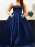 Strapless A Line Satin Appliques Prom Dress with Pockets LBQ3860